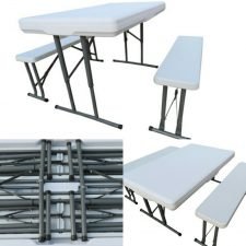 Folding Garden Table, Benches Set ( 2 Benches, 1 Table) - WHITE