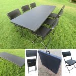 Folding Dining Chairs - Table Set - 6' x 2.5' - Rattan (6+1) - Dark Brown