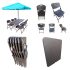 Folding Dining Table and Chairs Set Rattan (with Umbrella and Base) Ideal for Garden,Restaurant,Canteen, Catering, Home,Set of (6'x2.5' Table, 6 Chairs,1Umbrella,1 Umbrella Base) Blue