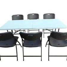 Folding Dining Table Set Suitable for Garden Restaurant Food Parlor Ice Cream Parlor Cafeteria Farm House Canteen Catering Home Dining Table+6 Chairs Set (Color-White & Brown)