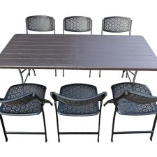 Folding Dining Table+6 Chairs Set Suitable for Garden Restaurant Food Parlor Ice Cream Parlor Cafeteria Farm House Canteen Catering Home Household (Color-Wooden Black)