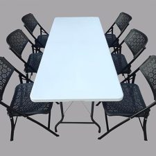 Folding Garden Restaurant Food Parlor Ice Cream Parlor Cafeteria Farm House Canteen Catering Home Household Dining Table+6 Chairs Set (6' X 2.5') (Color-White & Black)