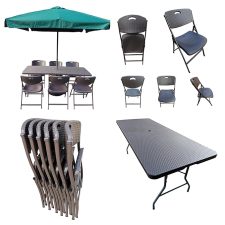 Folding Dining Table and Chairs Set Rattan with Umbrella and Base Suitable for Garden, Restaurant,Canteen,Home Set of (6'x2.5' Table, 6 Chairs, 1 Umbrella, 1 Umbrella Base) (Color-Green)