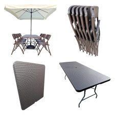 Folding Dining Table and Chairs Set Rattan with Umbrella and Base Suitable for Garden, Restaurant,Canteen,Home Set of (6'x2.5' Table, 6 Chairs, 1 Umbrella, 1 Umbrella Base) (Color-Beige)