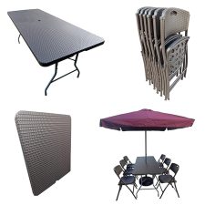 Folding Dining Table and Chairs Set Rattan Complete Outdoor Dining Solution with Umbrella and Base Ideal for Garden, Restaurant, and More - 6'x2.5' Table, 6 Chairs,1Umbrella,1Umbrella Base