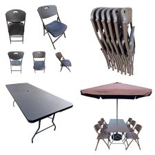 Folding Dining Table and Chairs Set Rattan - Complete Outdoor Dining Solution with Umbrella and Base Ideal for Garden, Restaurant,6'x2.5' Table, 6 Chairs, 1 Umbrella, 1 Umbrella Base Brown