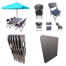 Folding Dining Table and Chairs Set Rattan (with Umbrella and Base) Ideal for Garden,Restaurant,Canteen, Catering, Home,Set of (6'x2.5' Table, 6 Chairs,1Umbrella,1 Umbrella Base) Blue