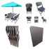 Folding Dining Table and Chairs Set Rattan Complete Outdoor Dining Solution with Umbrella and Base Ideal for Garden, Restaurant, and More - 6'x2.5' Table, 6 Chairs,1Umbrella,1Umbrella Base -BLUE