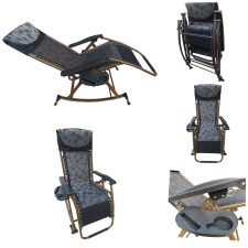 Folding portable zero gravity compact easy push back rocking oscillating reclining designer relax chair- 03 GREY FLOWERS- With side tray and drink holder