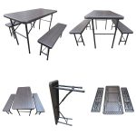 Folding Garden Table, Benches Set ( 2 Benches, 1 Table) - BROWN