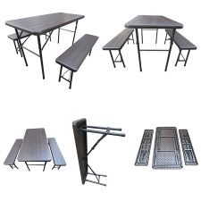 Folding Garden Table, Benches Set ( 2 Benches, 1 Table) - BROWN