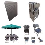 Folding Dining Table and Chairs Set Rattan Complete Outdoor Dining Solution with Umbrella and Base Ideal for Garden, Restaurant, and More - 6'x2.5' Table, 6 Chairs,1Umbrella,1Umbrella Base -GREEN