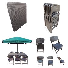 Folding Dining Table and Chairs Set Rattan Complete Outdoor Dining Solution with Umbrella and Base Ideal for Garden, Restaurant, and More - 6'x2.5' Table, 6 Chairs,1Umbrella,1Umbrella Base -GREEN