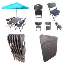 Folding Dining Table and Chairs Set Rattan Complete Outdoor Dining Solution with Umbrella and Base Ideal for Garden, Restaurant, and More - 6'x2.5' Table, 6 Chairs,1Umbrella,1Umbrella Base -BLUE
