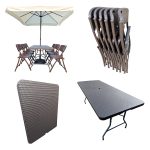 Folding Dining Table and Chairs Set Rattan Complete Outdoor Dining Solution with Umbrella and Base Ideal for Garden, Restaurant, and More - 6'x2.5' Table, 6 Chairs,1Umbrella,1Umbrella Base -BEIGE