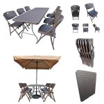 Folding Dining Table and Chairs Set Rattan Complete Outdoor Dining Solution with Umbrella and Base Ideal for Garden, Restaurant, and More - 6'x2.5' Table, 6 Chairs,1Umbrella,1Umbrella Base -KHAKHI