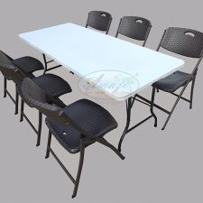 Dining Table-Chairs (6) Set, 6'x2.5' (Split Top), Brown Rattan
