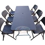 Dining Table-Chairs (6) Set, 6'x2.5' (With Hole In Center) , Brown Rattan
