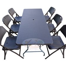 Dining Table-Chairs (6) Set, 6'x2.5' (With Hole In Center) , Brown Rattan