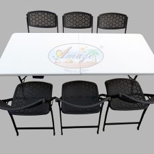 Dining Table-Chairs (6) Set, 6'x2.5' (Split Top), Black, Honey Comb