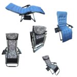 Folding Zero Gravity Easy Push Back Relax Swimming Pool Beach Lounger Recliner Chair-68B Grey-Blue Cushion (with Cup Holder Tray)