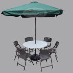 Folding Outdoor Round Dining Table (115 Cm) with Square Umbrella (8' Green) and 6 Folding Chairs (Rattan design)
