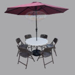 Folding Outdoor Round Dining Table (115 Cm) with Round Umbrella (9') and 6 Folding Chairs (Rattan design)